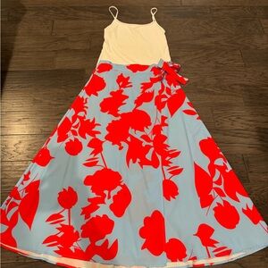 Floral A-Line Wrap Skirt in Neon Coral and Light Blue